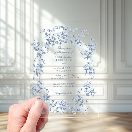 Classic French Blue Flowers & Ribbons Wedding Acryl Uitnodigingen