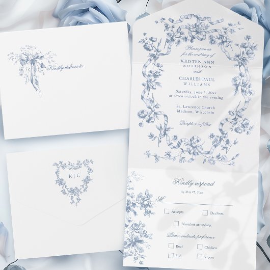 Classic French Blue Flowers & Ribbons Wedding All In One Uitnodiging