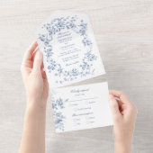 Classic French Blue Flowers & Ribbons Wedding All In One Uitnodiging (Afscheurbaar)