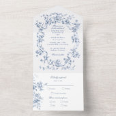 Classic French Blue Flowers & Ribbons Wedding All In One Uitnodiging (Binnen)