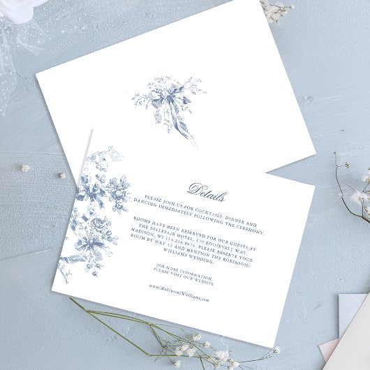 Classic French Blue Flowers & Ribbons Wedding Informatiekaartje