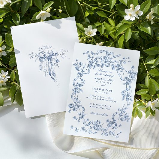 Classic French Blue Flowers & Ribbons Wedding Kaart