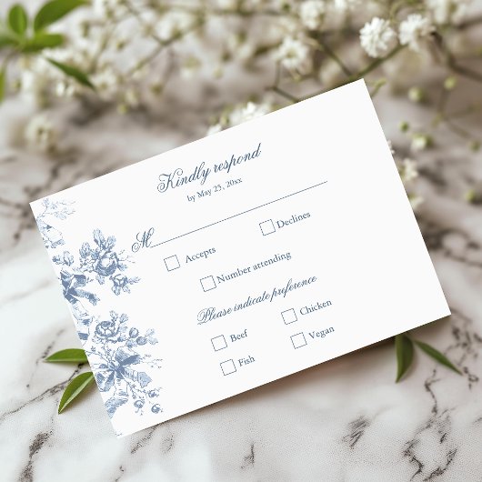 Classic French Blue Flowers & Ribbons Wedding RSVP Kaartje