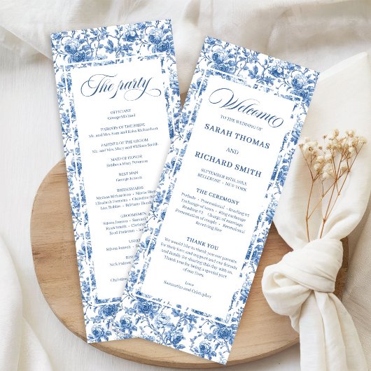 Classic French Blue Roses Toile Wedding Program Programmakaart