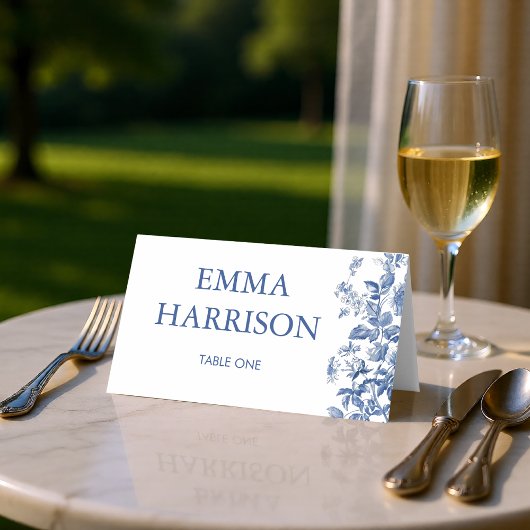 Classic French Blue Toile Wedding Folded Plaatskaartje