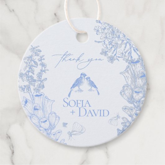 Classic French Blue White Floral Birds Wedding  Bedankjes Labels (Voorkant)
