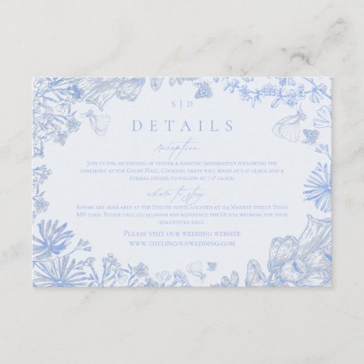 Classic French Blue White Floral Wedding Enclosure Informatiekaartje (Voorkant)