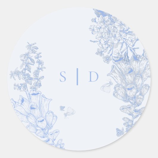 Classic French Blue White Floral Wedding Enclosure Ronde Sticker (Voorkant)