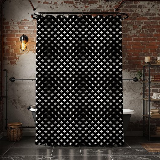Classic French Fleur de Lis Pattern Black White Douchegordijn
