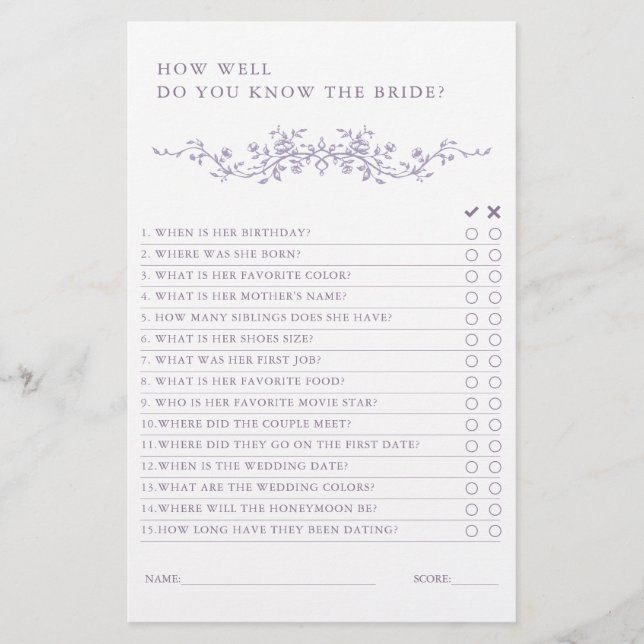 Classic French Lavender Bridal Shower Game  (Voorkant)