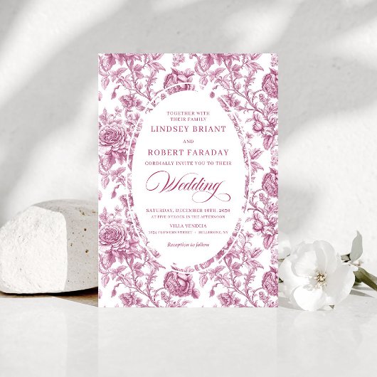 Classic French Toile Roses Pink Wedding Invitation Kaart
