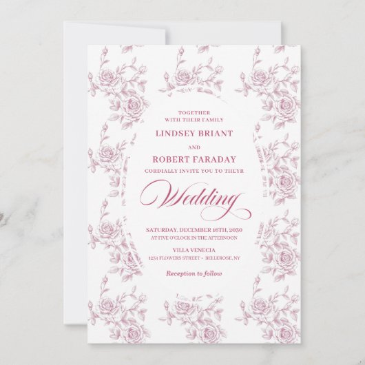 Classic French Toile Roses Wedding Invitation Kaart (Voorkant)