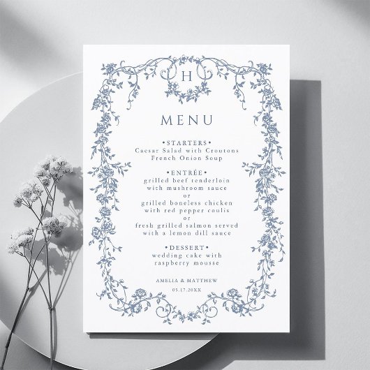 Classic French Victorian Blue Frame Wedding Menu