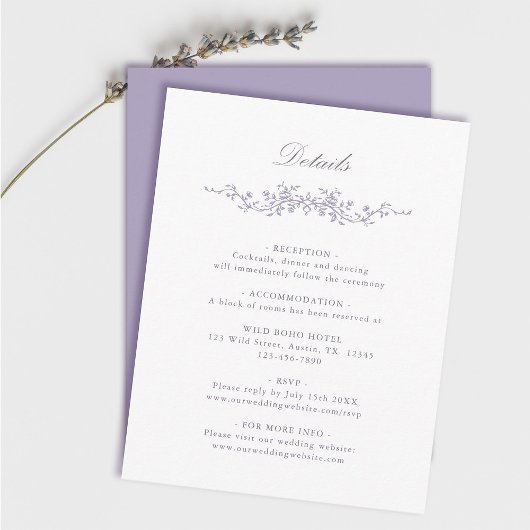 Classic French Victorian Lavender Wedding Details Informatiekaartje