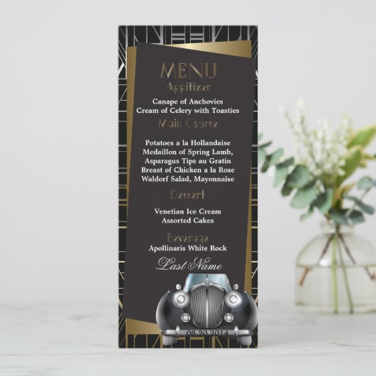 Classic Gatsby Deco Black Limo Wedding Menu (Staand voorkant)