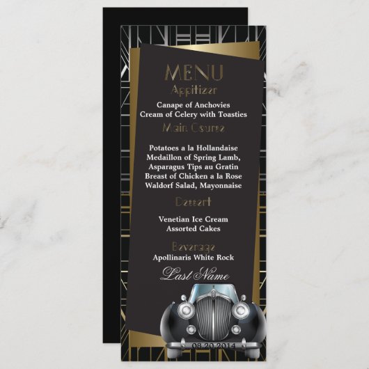 Classic Gatsby Deco Black Limo Wedding Menu (Voorkant / Achterkant)