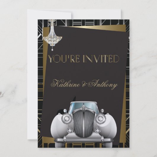 Classic Gatsby Deco Limo Wedding Invitation Kaart (Voorkant)