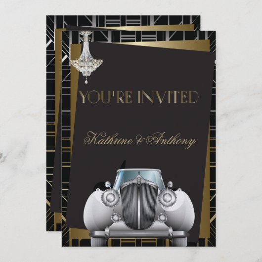 Classic Gatsby Deco Limo Wedding Invitation Kaart (Voorkant / Achterkant)