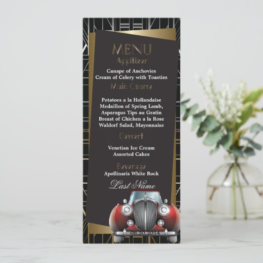 Classic Gatsby Deco Red Limo Wedding Menu (Staand voorkant)