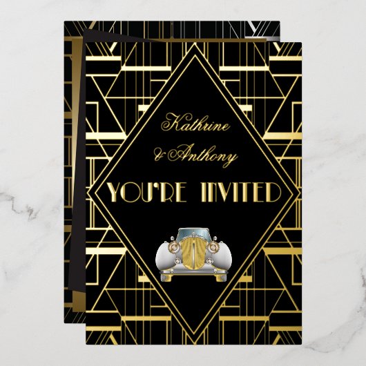 Classic Gatsby Deco Wedding Invitation Folie Uitnodiging (Voorkant / Achterkant)