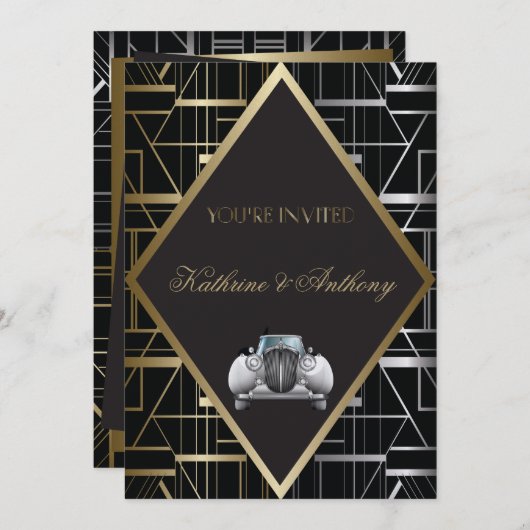 Classic Gatsby Deco Wedding Invitation Kaart (Voorkant / Achterkant)