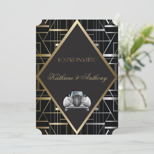 Classic Gatsby Deco Wedding Invitation Kaart (Staand voorkant)