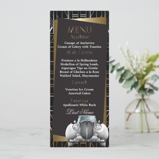 Classic Gatsby Deco White Limo Wedding Menu (Staand voorkant)