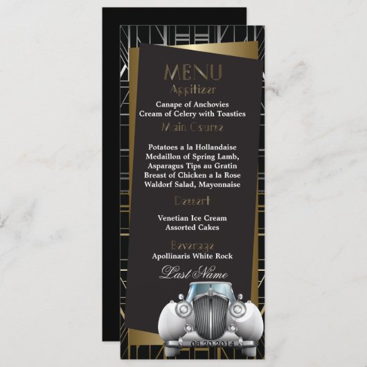 Classic Gatsby Deco White Limo Wedding Menu (Voorkant / Achterkant)