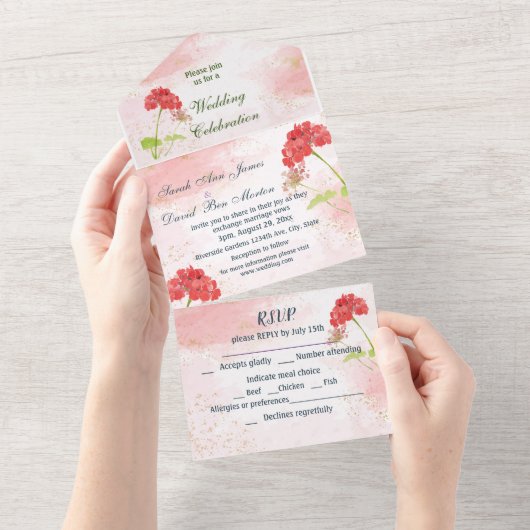 Classic Geranium Garden Flowers Waterverf All In One Uitnodiging (Afscheurbaar)