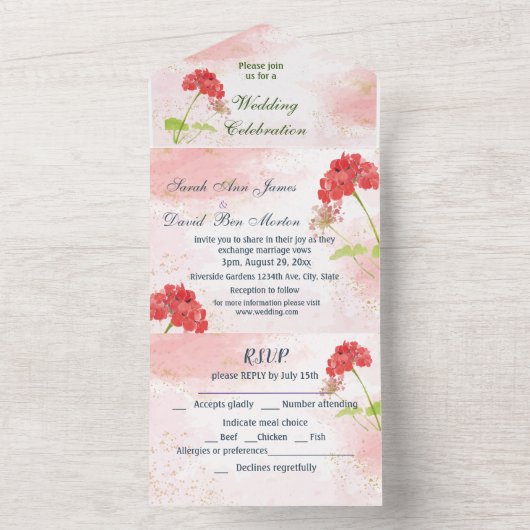 Classic Geranium Garden Flowers Waterverf All In One Uitnodiging (Binnen)