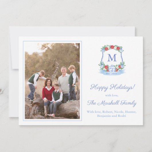 Classic Ginger Jar Red Poinsettia Crest Afbeelding Feestdagenkaart (Voorkant)