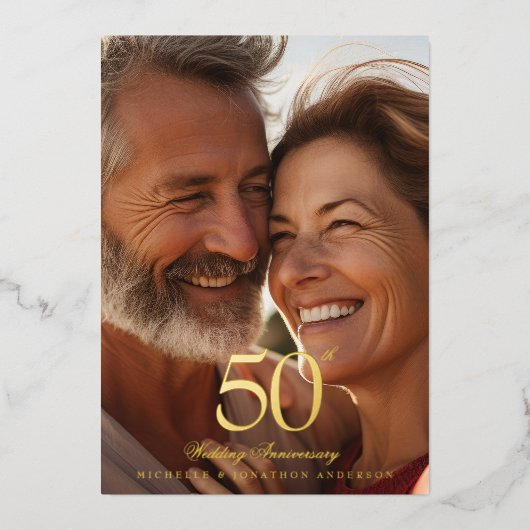Classic Gold 50th Photo Wedding Anniversary Folie Uitnodiging (Voorkant)