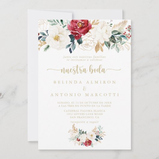 Classic Gold Burgundy White Floral Nuestra Boda Kaart (Voorkant)