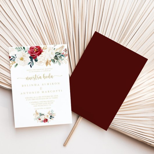 Classic Gold Burgundy White Floral Nuestra Boda Kaart