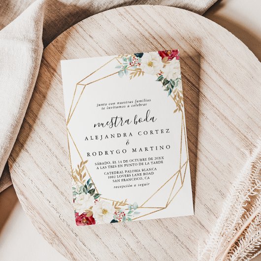 Classic Gold Burgundy White Floral Nuestra Boda Kaart
