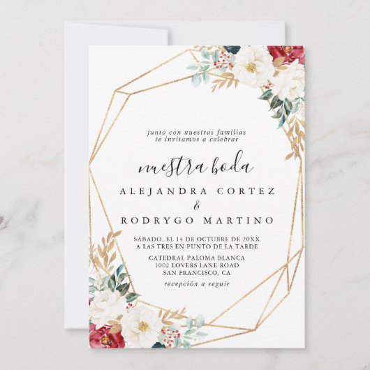 Classic Gold Burgundy White Floral Nuestra Boda Kaart (Voorkant)