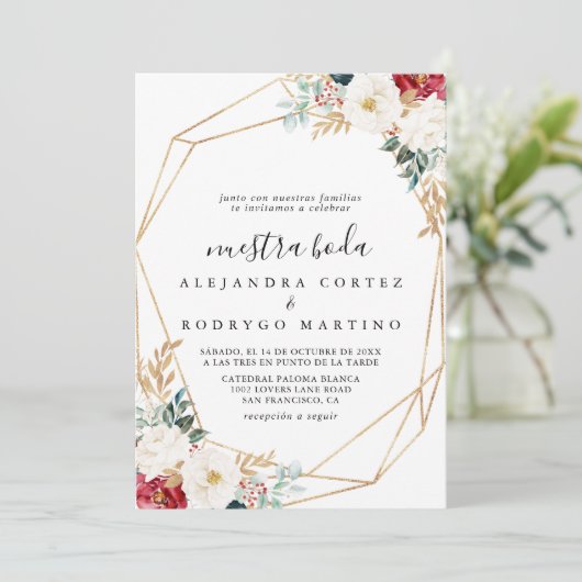 Classic Gold Burgundy White Floral Nuestra Boda Kaart (Staand voorkant)