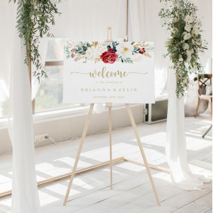 Classic Gold Burgundy White Floral Wedal Welcome Poster