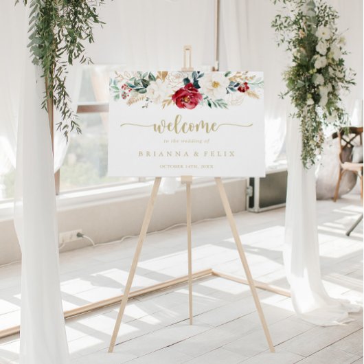 Classic Gold Burgundy White Floral Wedal Welcome Poster