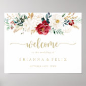 Classic Gold Burgundy White Floral Wedal Welcome Poster (Voorkant)