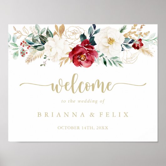 Classic Gold Burgundy White Floral Wedal Welcome Poster (Voorkant)