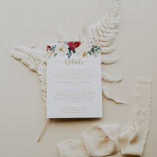 Classic Gold Burgundy White Floral Wedding Details Informatiekaartje