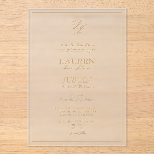 Classic Gold Calligraphy Script Monogram Weddensch Acryl Uitnodigingen (Voorkant)