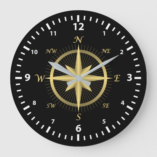 Classic Gold Compass and White Number Clock Face Grote Klok (Voorkant)