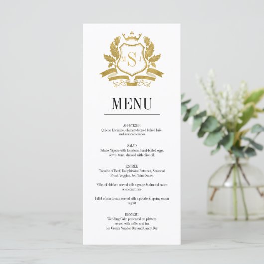 Classic Gold Crest Wedding Menu Kaart (Staand voorkant)