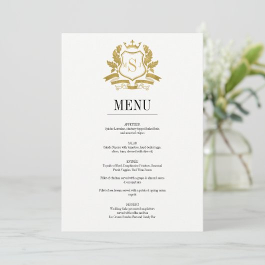 Classic Gold Crest Wedding Menu Kaart (Staand voorkant)