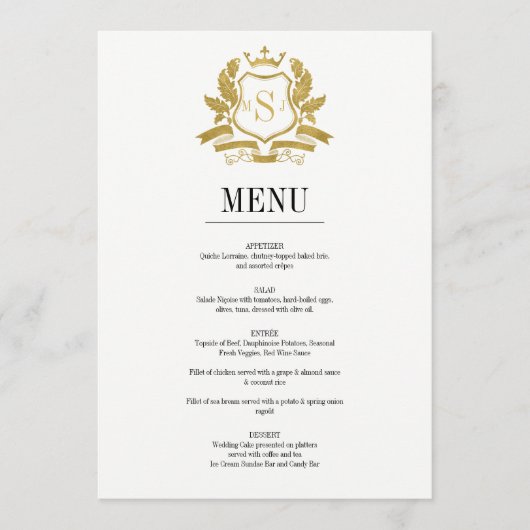 Classic Gold Crest Wedding Menu Kaart (Voorkant)