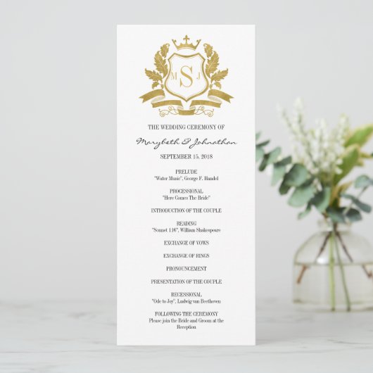 Classic Gold Crest Wedding Program Programmakaart (Staand voorkant)