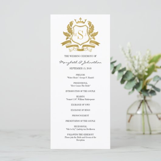 Classic Gold Crest Wedding Program Programmakaart (Staand voorkant)