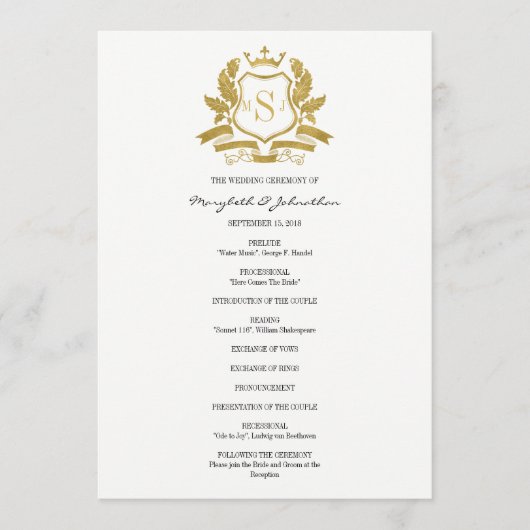 Classic Gold Crest Wedding Program Programmakaart (Voorkant)